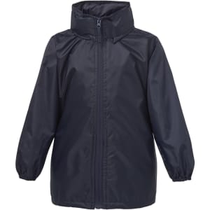 A navy rain jacket featuring a zip front, elastic cuffs, and a hood, with a logo on the chest.