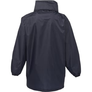 A dark navy rain jacket with elastic cuffs and a high collar, featuring a logo on the back.