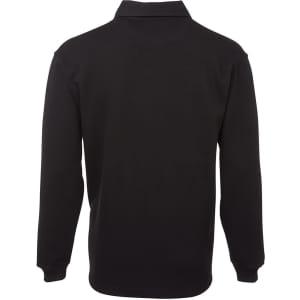 A black long-sleeve rugby shirt featuring a collar and one logo. The shirt has a two-tone design.