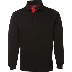 A black rugby shirt with a red collar and accents, featuring a long sleeve design and a logo.