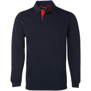A dark navy rugby shirt with a red collar and a logo on the chest. Long sleeves complete the design.