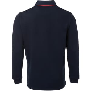 A navy two-tone rugby shirt featuring a red collar, long sleeves, and a simple design with a logo.