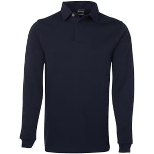 A two-tone navy rugby shirt featuring long sleeves and a classic polo collar, with a logo on the chest.