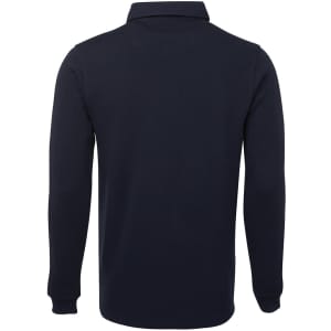 A navy two-tone rugby shirt with long sleeves and a polo collar, featuring a logo.
