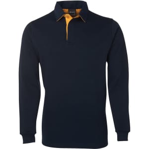 A navy blue rugby shirt with a contrasting orange collar. Features long sleeves and a branding logo.
