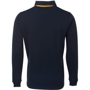 A navy and yellow two-tone rugby shirt with long sleeves and a collared neck. The shirt features a branding logo.