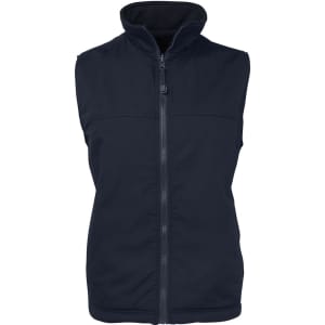 A navy blue reversible vest featuring a high collar and zip closure, with a simple design and no sleeves.