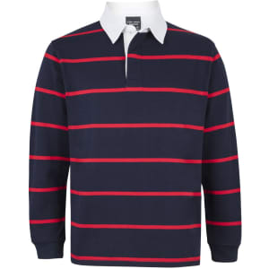 A navy blue rugby shirt with red horizontal stripes and a white collar. Features a logo on the upper section.
