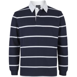 A navy and white striped polo shirt with a collar and long sleeves, featuring a small logo on the chest.