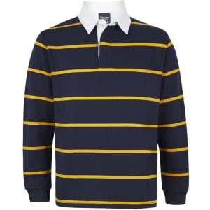 A navy and yellow striped rugby shirt with long sleeves and a white collar, featuring a logo.