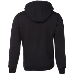 A black hoodie with a natural-coloured inner hood and a branded logo on the back.