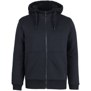 A navy blue full zip hoodie featuring a sherpa-lined hood and front pockets. The hoodie has a branding logo.
