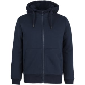 A navy blue full zip hoodie featuring a soft, lined hood and front pockets. It has a branding logo.