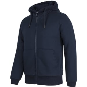 A navy blue full zip hoodie with a soft-lined hood and front pockets, featuring a logo.