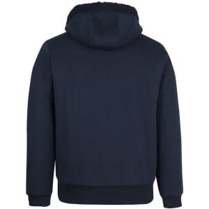 A navy blue full zip hoodie with a hood and textured lining, featuring a simple design and ribbed hem.