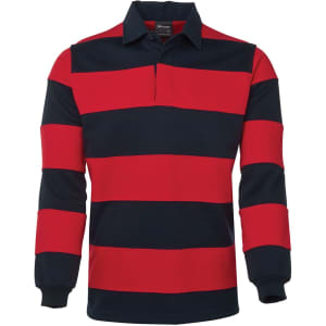 A rugby shirt featuring red and navy striped patterns with a collar. It has long sleeves and a logo.