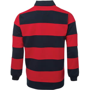 A rugby shirt featuring navy and red horizontal stripes, with a collar and long sleeves. It has a logo on the side.