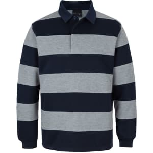 A rugby shirt featuring navy and grey horizontal stripes, with a buttoned collar and long sleeves. It has a logo.