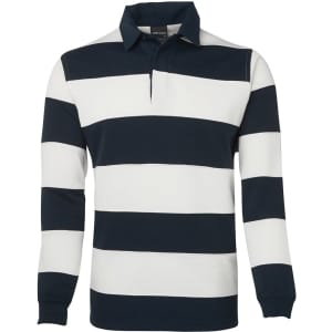A rugby-style striped shirt in navy and white, featuring long sleeves and a collared neckline. It has a logo on the chest.