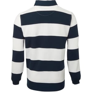 A rugby-striped T-shirt in navy and white, featuring long sleeves and a classic collar. It has a brand logo.