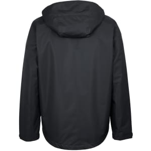 A black rain jacket with a hood, featuring a simple design and a logo on the back.