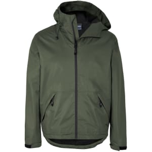 A green rain jacket with a hood, featuring a zip closure and two side pockets, plus a branding logo.