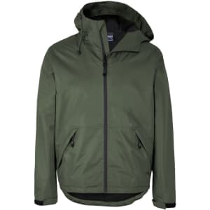 A green rain jacket with a hood, featuring a front zip and two side pockets. It has a logo on the front.