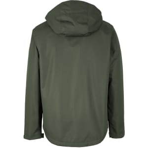 A rain jacket in an olive green colour with a hood and a branded logo on the back.