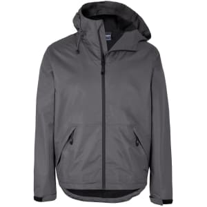 A grey rain jacket featuring a hood, two front pockets, and a zippered closure. It includes a logo on the fabric.