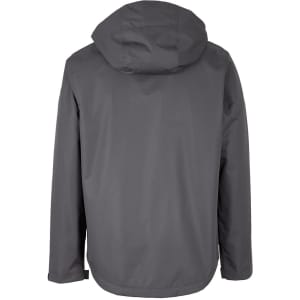 A grey rain jacket featuring a hood and a simple design, with a branding logo on the back.