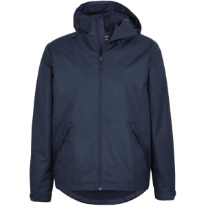 A navy rain jacket featuring a hood and a front zipper. The jacket includes a logo on its surface.