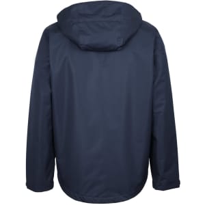 A navy rain jacket with a hood and a logo on the back, designed for protection against the elements.