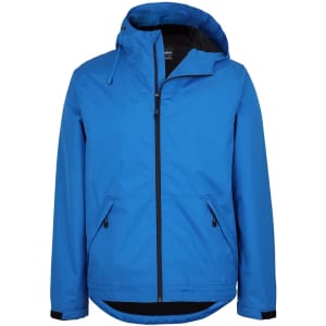 A blue rain jacket featuring a hood, zip closure, and adjustable drawstrings. It has pockets and a logo.