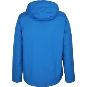 A blue rain jacket featuring a hood and a simple design. It includes a logo on the back.
