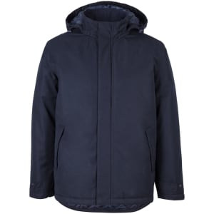 A navy rain jacket with a hood and two front pockets, featuring a logo on the chest area.