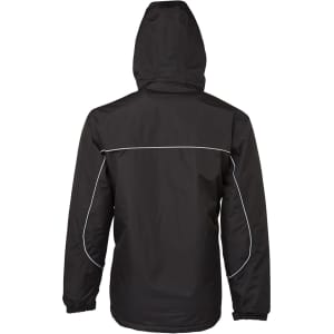 A black rain jacket featuring a hood, with reflective detailing and a simple design. It has a logo on the back.
