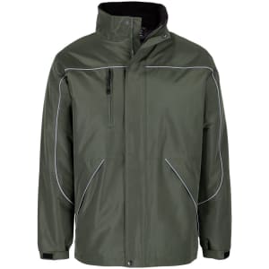 A green rain jacket featuring contrasting white piping and a high collar, with a front pocket and zip closure.
