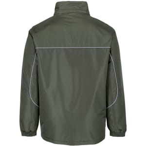 A green rain jacket with elastic cuffs and a branding logo on the back, featuring a simple design.