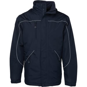 A navy rain jacket with white piping, featuring a front zip, high collar, and multiple pockets. It has a logo.