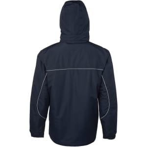 A navy rain jacket featuring a hood and contrasting piping. The back view displays a clean design with a logo.