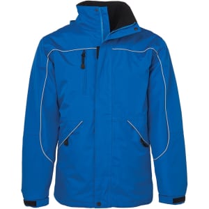A blue rain jacket featuring contrasting trim and a front zip, with pockets and a logo on the chest.