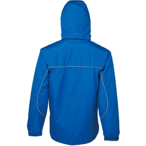 A blue rain jacket with a hood, featuring elastic cuffs and a back yoke design. Includes a logo.