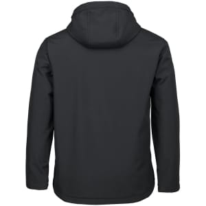 A black three-layer hooded softshell jacket, featuring a simple design and a hood at the back. It has a logo.