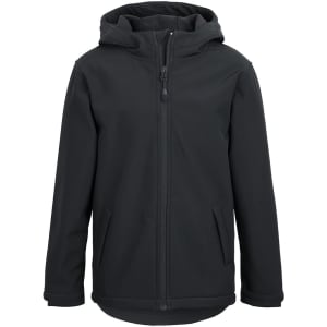 A softshell jacket in black with a hood, featuring a front zip and two side pockets. It has a branding logo.