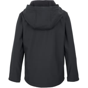 A hooded softshell jacket in black, featuring a three-layer design and a back view with a logo.
