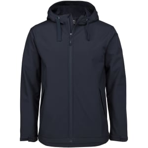 A navy three-layer hooded softshell jacket with a front zip, featuring a logo on the chest.