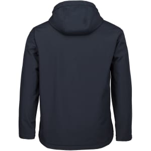A dark navy three-layer hooded softshell jacket with a simple design and a hood. It features a branding logo.