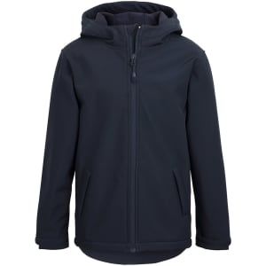 A navy three-layer hooded softshell jacket with a front zipper and side pockets, featuring a logo.