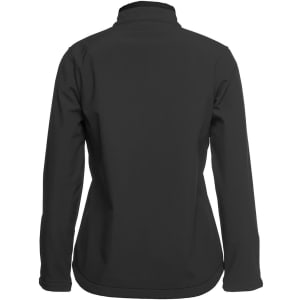 A black softshell jacket with a high collar, featuring a simple design and a logo on the back.