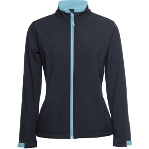 A women's softshell jacket in black with teal accents and a zip front, featuring a logo.